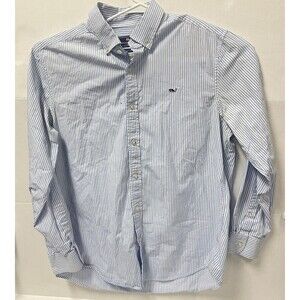 Vineyard Vines Boys Blue & White‎ Oxford Pinstripe Whale Shirt Size XL 18